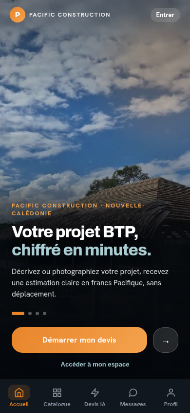Écran d'accueil de l'application Pacific Devis IA : votre projet BTP chiffré en minutes
