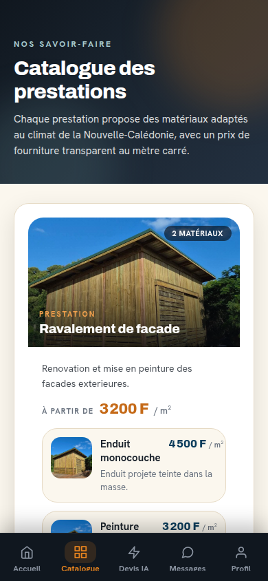Écran catalogue de l'application Pacific Devis IA : prestations et matériaux avec prix au m²
