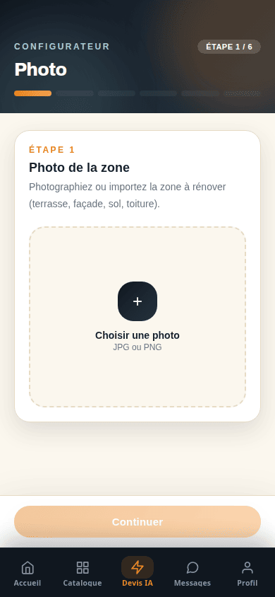 Écran configurateur de l'application Pacific Devis IA : photo de la zone à rénover, étape 1 sur 6