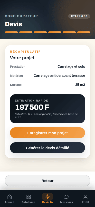 Écran devis de l'application Pacific Devis IA : estimation rapide du projet